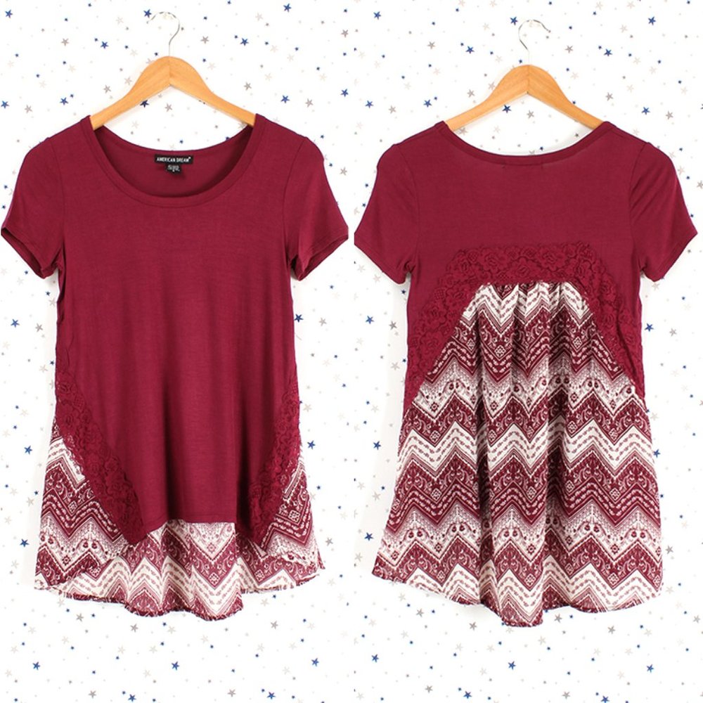 Chevron Print Back Top Lace Detail Burgundy